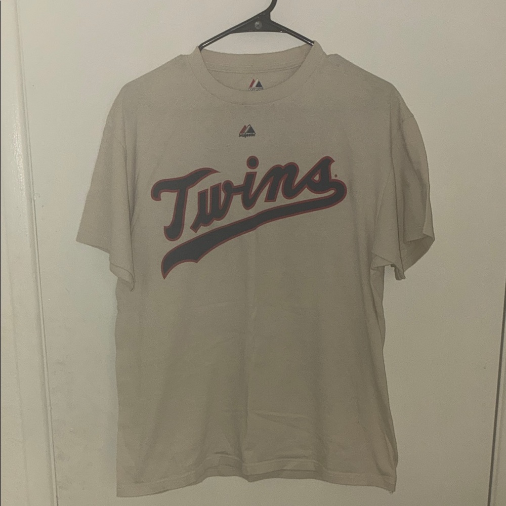 Majestic Cream Tee with Navy and Red Twins Script - Men